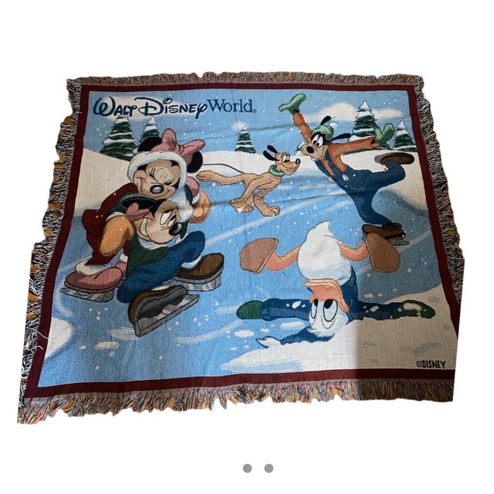 Vintage Disney Tapestry Blanket Throw WINTER ICE SKATING Mickey Mouse & Friends